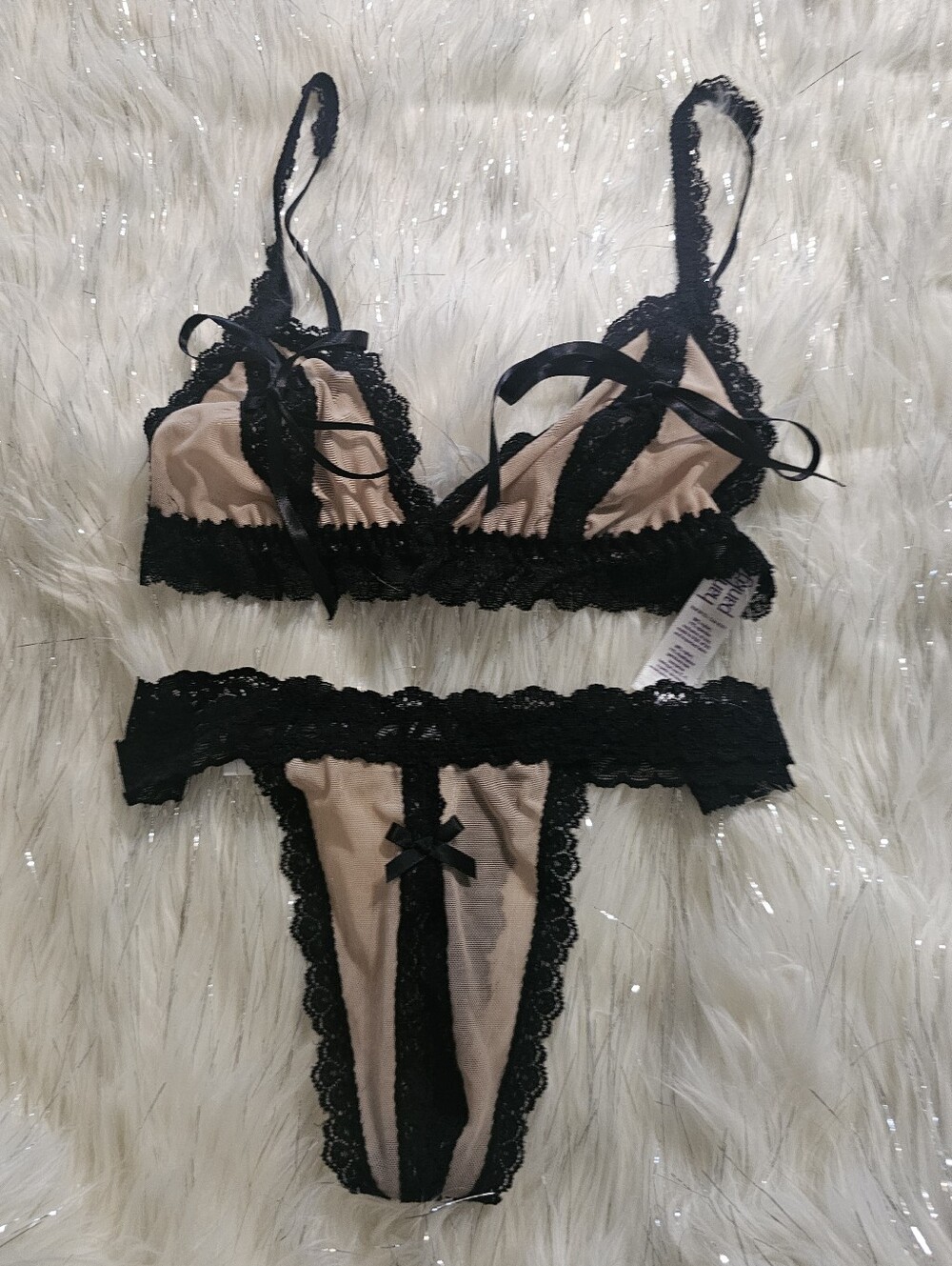 Hanky Panky Nude and Black Lace Triangle Bralette & Thong Set